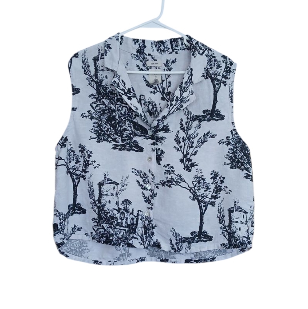 Joie Camp Shirt Black White Toile Print Linen Sleeveless Button Up XL